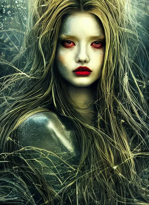 Image similar to glowing silver and golden elements, full close-up portrait, young female model from deviantart as a dark witch, book cover, green forest, white moon, red lips, establishing shot, extremly high detail, photo-realistic, cinematic lighting, pen and ink, intricate line drawings, by Yoshitaka Amano, Ruan Jia, Kentaro Miura, Artgerm, post processed, concept art, artstation, matte painting, style by eddie, raphael lacoste, alex ross