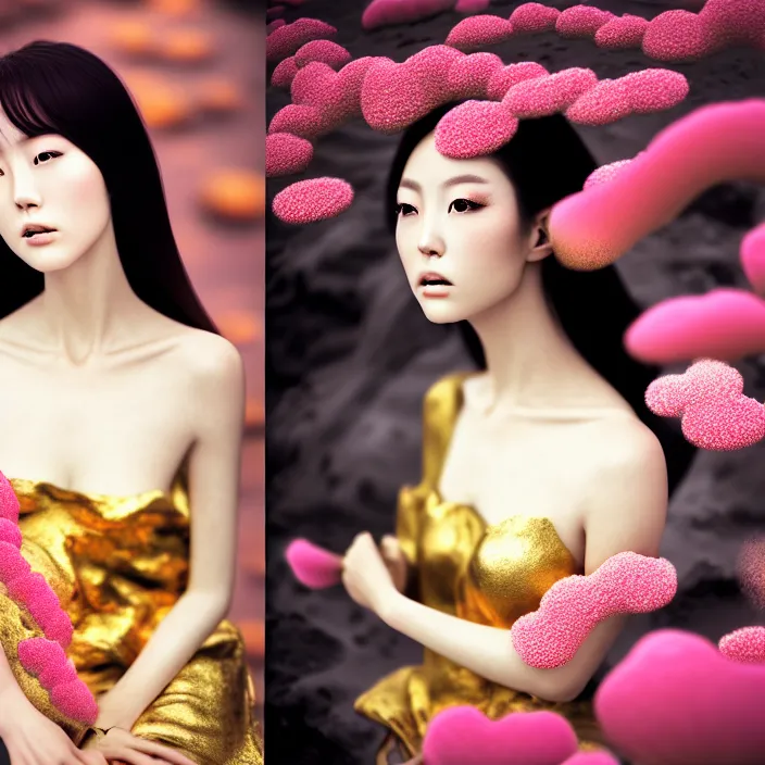 Image similar to Kodak Portra 400, 8K, soft light, volumetric lighting, highly detailed, Rena Nounen style 3/4 ,portrait photo of a Japanese ravishing Goddess by WLOP, the face emerges from a lava flowing gold travertine terraces with lotus flowers, inspired by Ophelia paint , a beautiful chic dress and hair are intricate with highly detailed realistic beautiful flowers , Realistic, Refined, Highly Detailed, ethereal lighting colors scheme, outdoor fine art photography, Hyper realistic, photo realistic