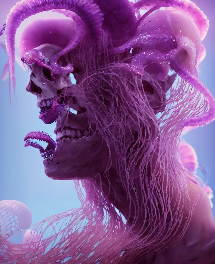 Image similar to goddess close - up portrait human skeleton, ram skull, jellyfish, orchid, betta fish, bioluminiscent, intricate artwork by tooth wu and wlop and beeple. octane render, trending on artstation, greg rutkowski very coherent symmetrical artwork. cinematic, hyper realism, high detail, octane render, 8 k