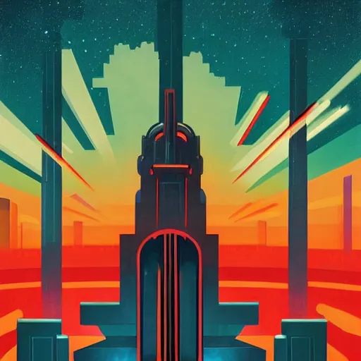 Prompt: an art deco painting of giant robots shooting laser beams from their eyes, above a city on fire, textured, by tom whalen, behance contest winner, retrofuturism, poster art, reimagined by industrial light & magic