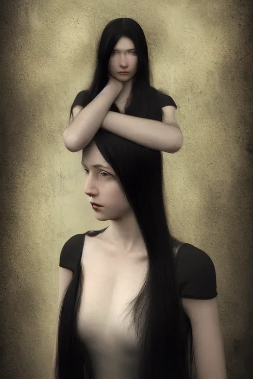 Image similar to glitch, picture portrait,(((((((((((((young woman's face))))))))))))), long black hair, pale skin, digital render, super-detailed , by Millais