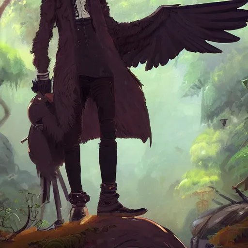 Image similar to concept art painting of a person with a head of a crow, with steampunk clothes, in the deep forest, realistic, detailed, cel shaded, in the style of makoto shinkai and greg rutkowski and james gurney