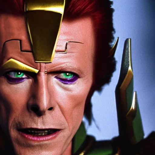 Prompt: film still of David Bowie as Loki in Thor, 4k