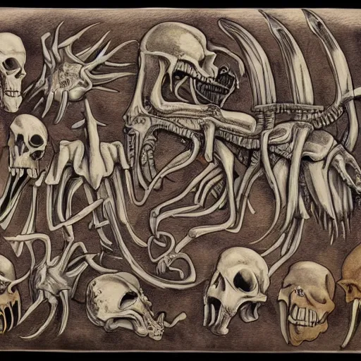 Prompt: an old coats of arms with bones, xenomorphic skulls,veins and nerves