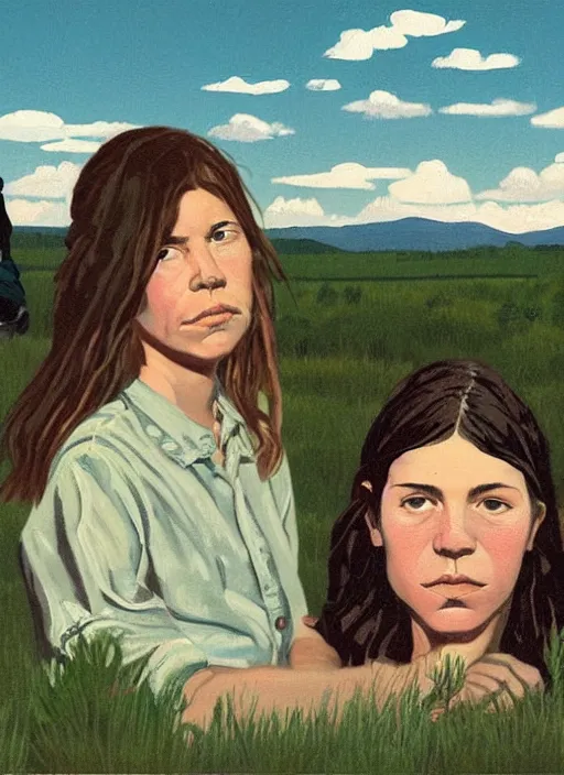 Prompt: composition by justine kurland, a up - close portrait of girl friends sitting in a scenic representation of mother nature and the meaning of life by billy childish, thick visible brush strokes, shadowy landscape painting in the background by beal gifford, vintage postcard illustration, minimalist cover art by mitchell hooks