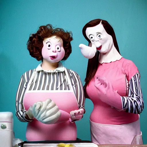 Prompt: 1985 two curvy women in a vintage kitchen baking a cake wearing an inflatable long prosthetic snout nose made of gooey pink slime, soft color wearing stripes sitting on chairs covered in soft fabric, pink slime everywhere, grey striped walls, studio lighting 1985 color film archival footage holding a hand puppet that looks like Caspar the Friendly Ghost, 16mm Russ Meyer John Waters Almodovar Doris Wishman