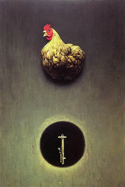 Prompt: a chicken trapped inside a mirror with a key on the ground, beksinski, oil painting