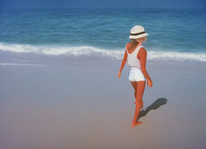 Prompt: 90's Professional Color Photography, Nikon, A girl in white walking on the beach, Summer