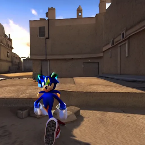 Prompt: still of sonic the hedgehog in the map de_dust 2, counter-strike screenshot, 4k, photorealistic, hd, first person pov