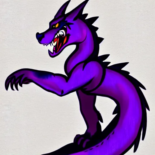 Image similar to giant muscular purple wolf dragon, generic furry style, wearing jeans and a crop top, deviantart, professional furry drawing, insanely detailed, artistic design, wolf - like face