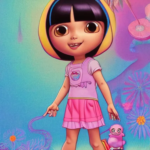 Prompt: dora the explorer as real girl in happy pose, detailed, intricate complex background, japanese Pop Surrealism, lowbrow art style, muted pastel colors, soft lighting, 50's looks by Mark Ryden,Yosuke Ueno,mucha, artstation cgsociety