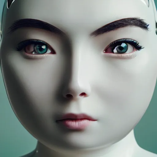 Image similar to minimalist photography portrait of a female porcelain robot, symmetrical, super close up, mid thirties, cute round green slanted eyes, white porcelain skin, wide nostrils, chubby cheeks, high flat eyebrows, black pistons, bjork, ethereal essence, angelic, leica 1 0 0 mm f 0. 8