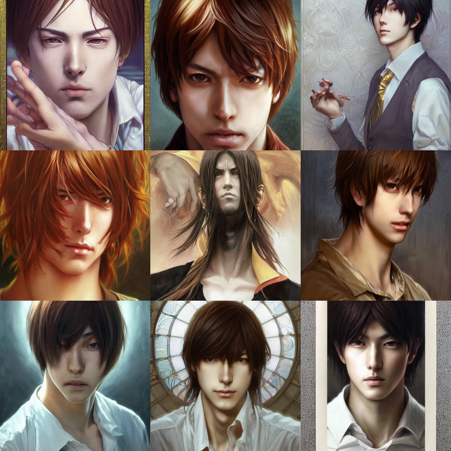 Prompt: a masterpiece portrait painting of light yagami, ultra realistic, concept art, intricate details, eerie, highly detailed, photorealistic, art by artgerm and greg rutkowski and alphonse mucha