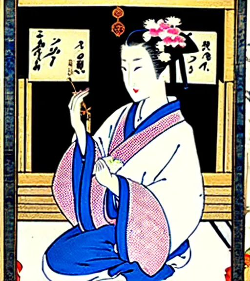 Image similar to madonna the singer in a beautiful kimono holding in her hand a fan, sitting on the floor next to a black and white playing cat, in the background a folding screen with blue irises and a window with bamboo. in the style of bijin - ga.