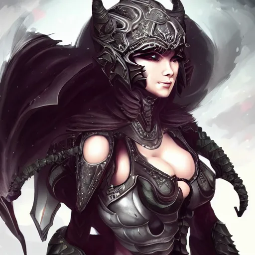 Image similar to character portrait of demon knightess in the style of WLOP, trending on artstation, digital painting, fantasy, intricate, highly detailed, concept art, smooth, sharp focus, illustration