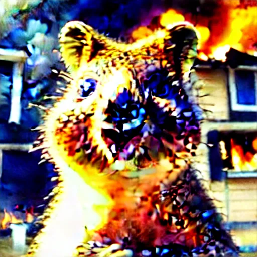 Image similar to a quokka laughing while a house is on fire in the background