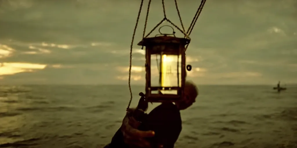 Image similar to film still of closeup old man holding up lantern by his beach hut at night. pirate ship in the ocean by emmanuel lubezki