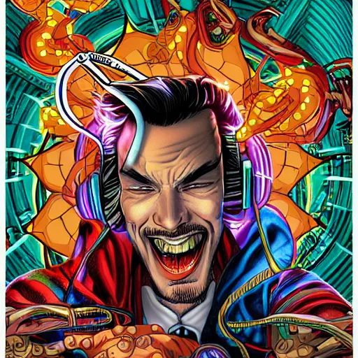 Prompt: artgerm, psychedelic laughing cybertronic dr. strange, rocking out, headphones dj rave, digital artwork, r. crumb, svg vector