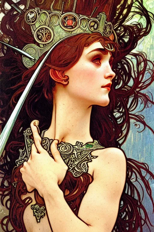 Image similar to head and shoulders portrait of an eldritch knight, elf, beautiful, female, breastplate, magical, high fantasy, d & d, by alphonse mucha, face details, extremely detailed, vogue fashion photo