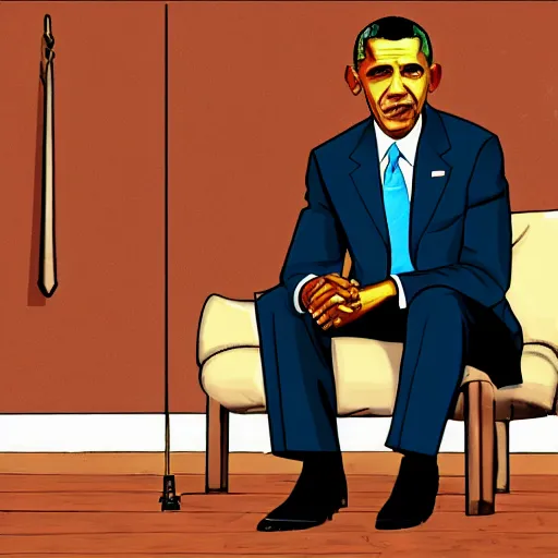 Image similar to obama sitting in a prison cell, in the style of gta loading screens