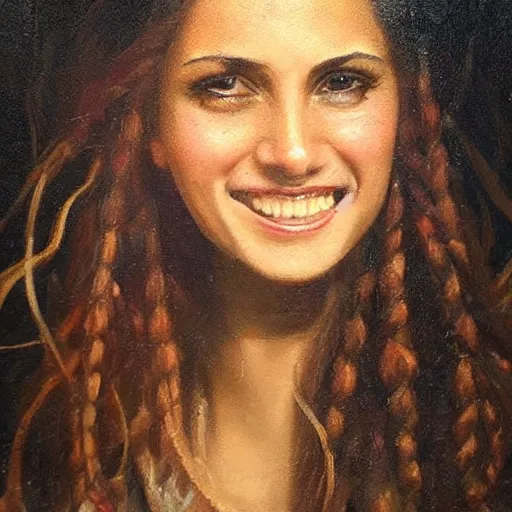 Image similar to oil painting, smiling, happy, beautiful, intelligent, latin, tanned, female pirate captain 2 8 years old, flowing long hair, fully clothed, wise, beautiful, masterful 1 8 0 0 s oil painting, dramatic lighting, sharp focus