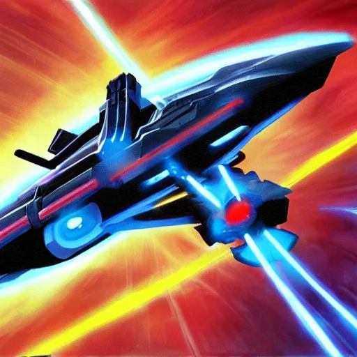 Image similar to science - fiction space battleship in combat, laser beams, explosions, space, planets, painting