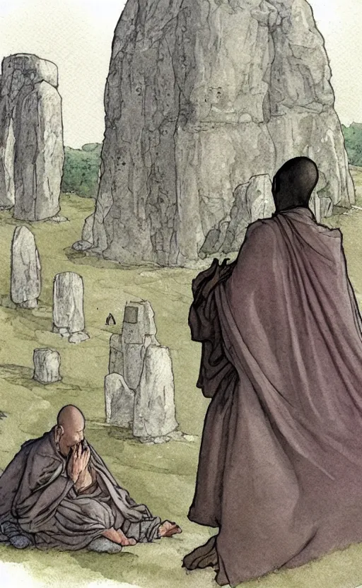 Prompt: a realistic and atmospheric watercolor fantasy concept art of giant monk with an elongated head in grey robes sitting in stonehenge. in the foreground a tiny medieval monk in grey robes is praying. in the background a ufo is in the sky. by rebecca guay, michael kaluta, charles vess