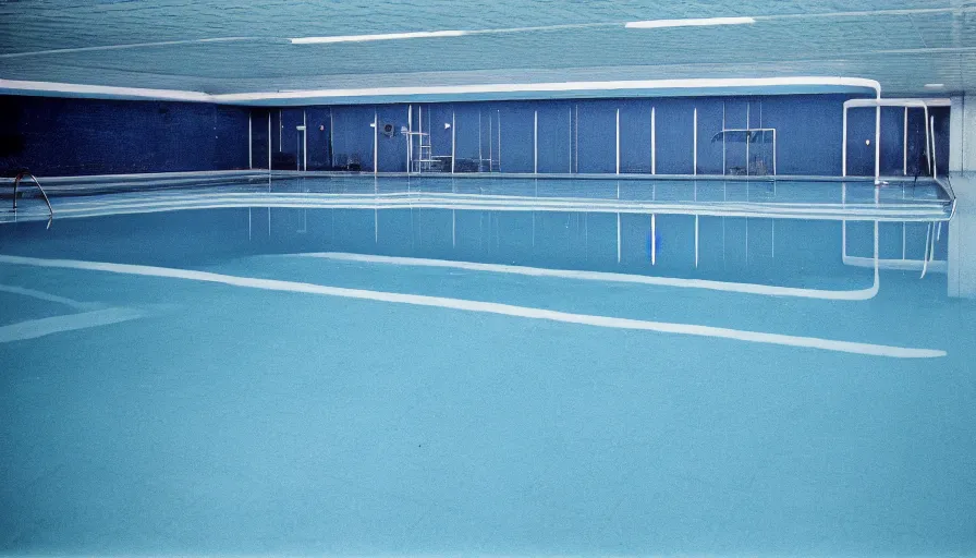 Image similar to 1 9 6 0 s movie still of empty blue tiles swimmingpool, cinestill 8 0 0 t 3 5 mm, high quality, heavy grain, high detail, panoramic, ultra wide lens, cinematic composition, dramatic light, flares, anamorphic, liminal space style