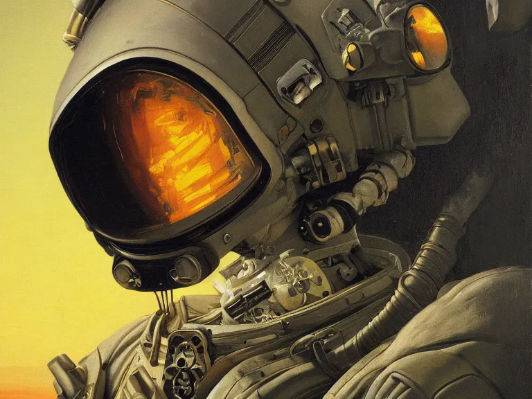 Image similar to a detailed profile oil painting of pilot in a spacesuit with reflective visor, flight suit, portrait symmetrical and science fiction dieselpunk theme with aurora lighting by beksinski carl spitzweg and tuomas korpi. baroque elements, full-length view. baroque element. intricate artwork by caravaggio. Trending on artstation. 8k