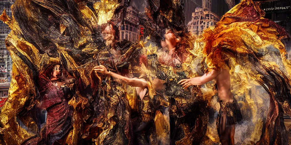 Image similar to 'Deamons unleashed in Times Square' by István Sándorfi royally decorated, whirling smoke, embers, gold encrustations , gilt silk torn fabric, radiant colors, fantasy, perfect lighting, studio lit, volumetric lighting, micro details, 3d sculpture,