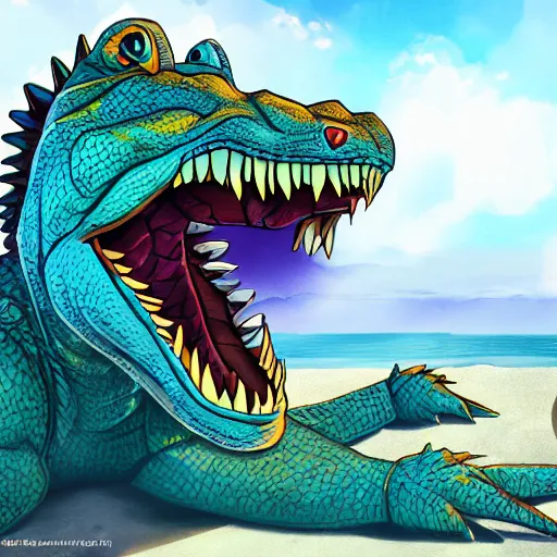 Image similar to furry art, buff scalie alligator at the beach smiling at the camera, bright colours, front page of art station, detailed, perspective angle, strong pose, global illumination, rim lighting