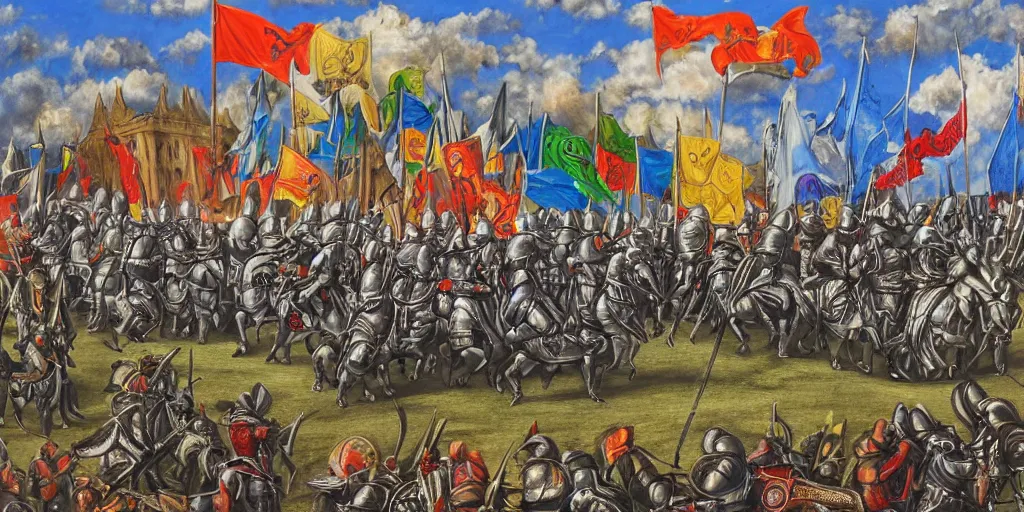 Prompt: h. r. giger style painting of medieval knights jousting, grand castle tournament grounds, colorful knight tents setup with unique sigils and banners, beautiful partly cloudy day