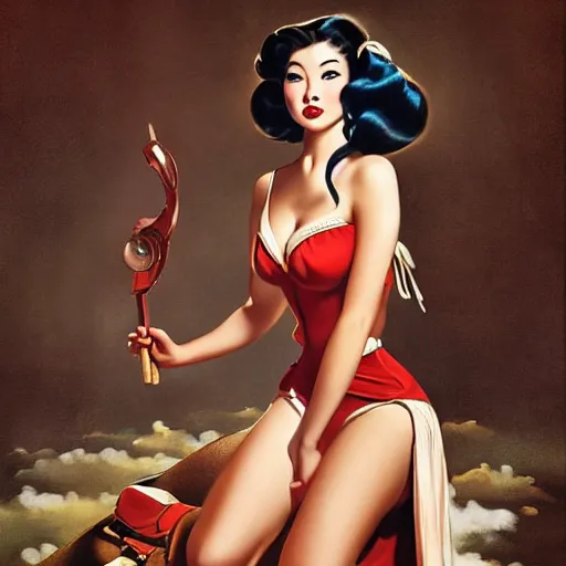 Prompt: pin - up portrait of a beautiful young curvaceous mulan, pretty long hair, symmetrical face, digital art, smooth, extremely detailed,, by wu bayard, by gil elvgren, by ralph horsley, by hanks steve