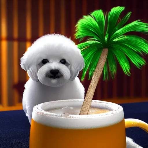 Prompt: a photorealistic photograph of a Trader Vic's Tiki Mug featuring a Bichon Frisé puppy at bar Trending on Artstation, featured on Behance, well-rendered, Unreal Engine, 4K HD