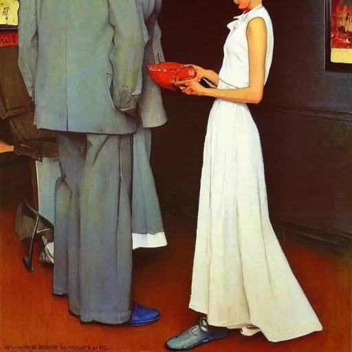 Image similar to a thin man understands by the way his wife is standing that she has issues, painted by norman rockwell and tom lovell and frank schoonover