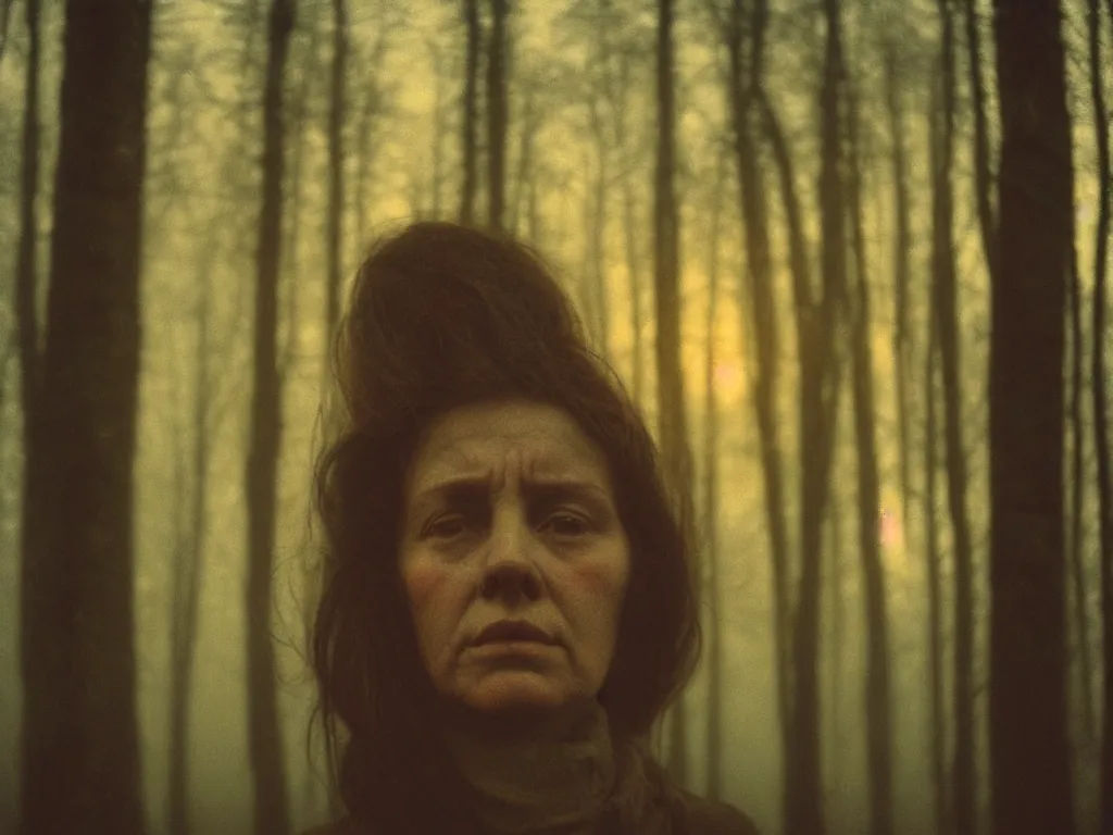 Image similar to close up portrait bust of woman, solemn expression, faded color film, russian cinema, tarkovsky, kodachrome, heavy forest, wood cabin in distance, long brown hair, old clothing, heavy fog, atmospheric haze, brown color palette, sunset, low light, hudson river school, 4 k, dramatic lighting