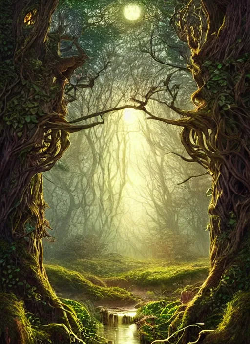 Prompt: book cover!!!!!!!!!!!!, ivy vector elements at each border, fantasy forest landscape, fantasy magic, light night, intricate, elegant, sharp focus, illustration, highly detailed, digital painting, concept art, matte, art by wlop and artgerm and ivan shishkin and andrey shishkin, masterpiece