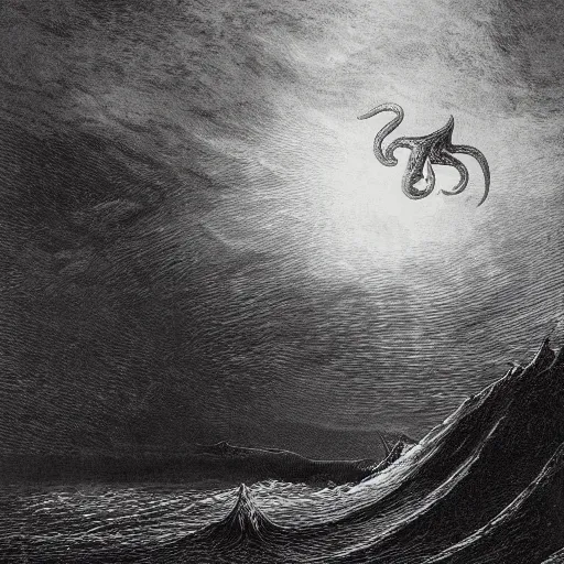 Image similar to cthulhu rising out of the water in front of a small town, night, soaring waves, clouds, illustration by Gustave Doré