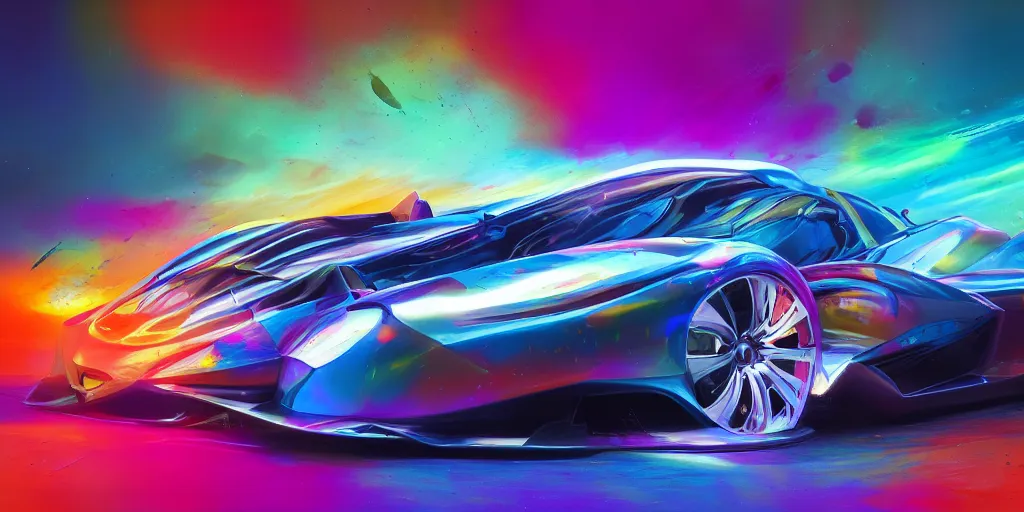 Image similar to full view of a sport car, painted in many bright colors holographic pearlescent, elegant, digital painting, concept art, smooth, sharp focus, art style from Wang Ke and Greg Rutkowski and Bruce Kaiser and Scott Robertson and Dmitry Mazurkevich and Doruk Erdem and Jon Sibal, small style cue from Blade Runner