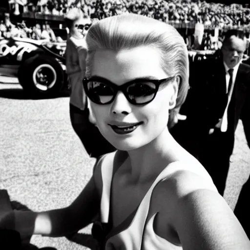 Image similar to selfie smartphone photo of a young Grace Kelly at the Monaco Gran Prix, F1 cars blurred in background, iphone photo, smartphone resolution, trending on instagram, influencer photography