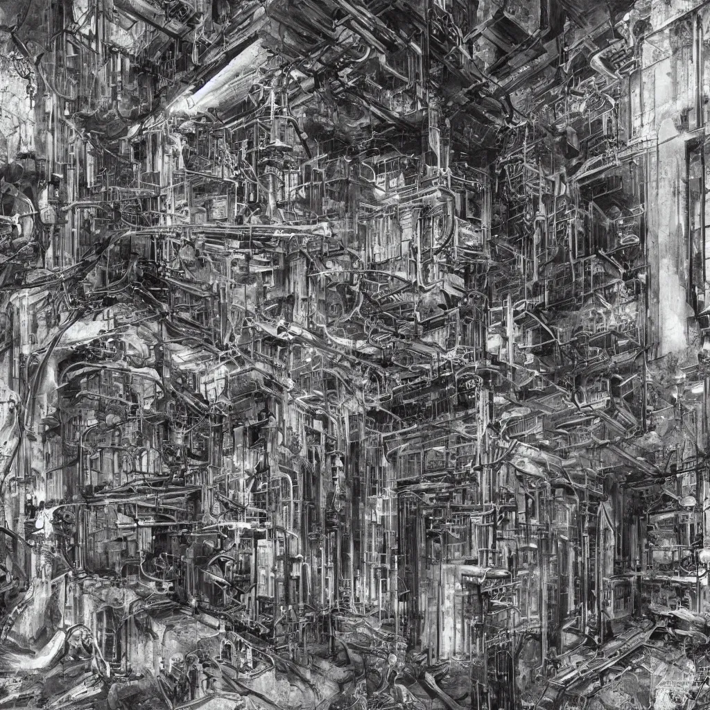 Prompt: abandoned research facility from 1 9 3 0 s century - first - generation vacuum - tube computers - eniac - colossus - - enigma - technological relics of early 2 0 th century - high resolution - dark atmosphere - past discovered in the future - detailed artwork - by hans giger