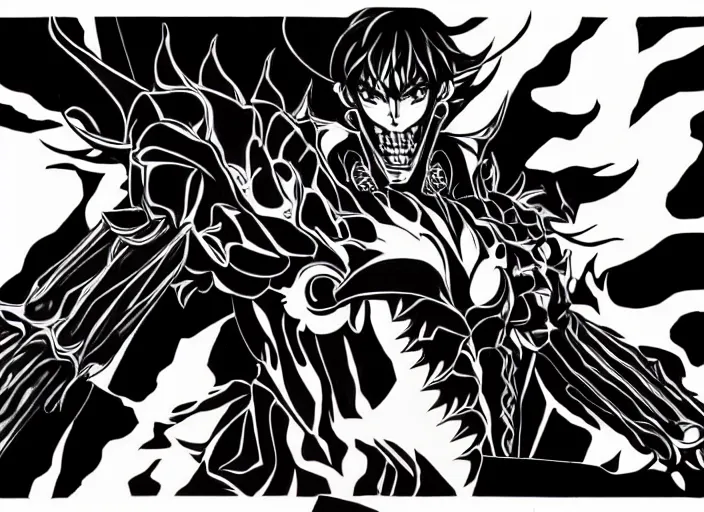 Prompt: shin megami tensei art of a demon called black! volga!!, car!!!!, art by kazuma kaneko, demonic! compedium!, digital drawing, white background, high quality, highly detailed