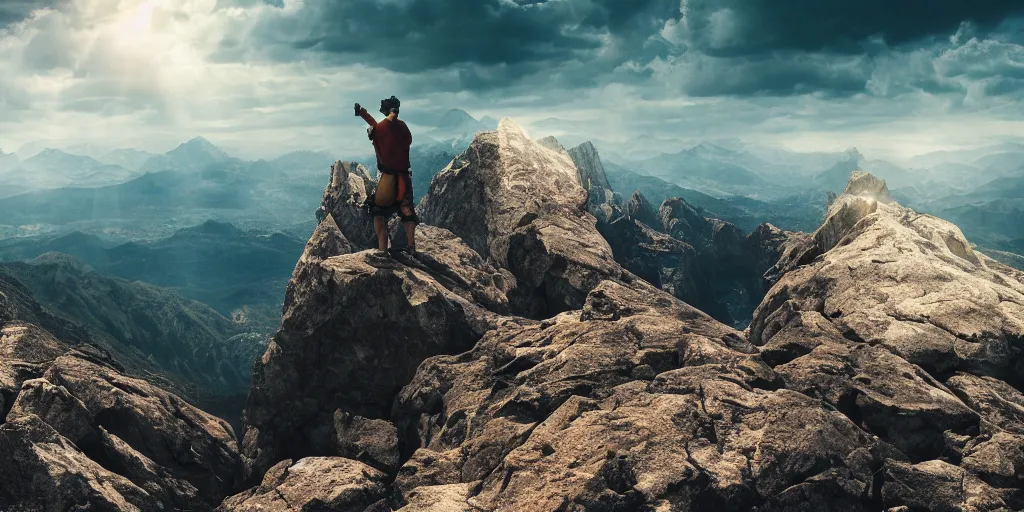 Prompt: the top of a mountain, a man standing in the background and preparing to climb, epic composition, epic lighting, detailed and intricate image, cinematic, 4K