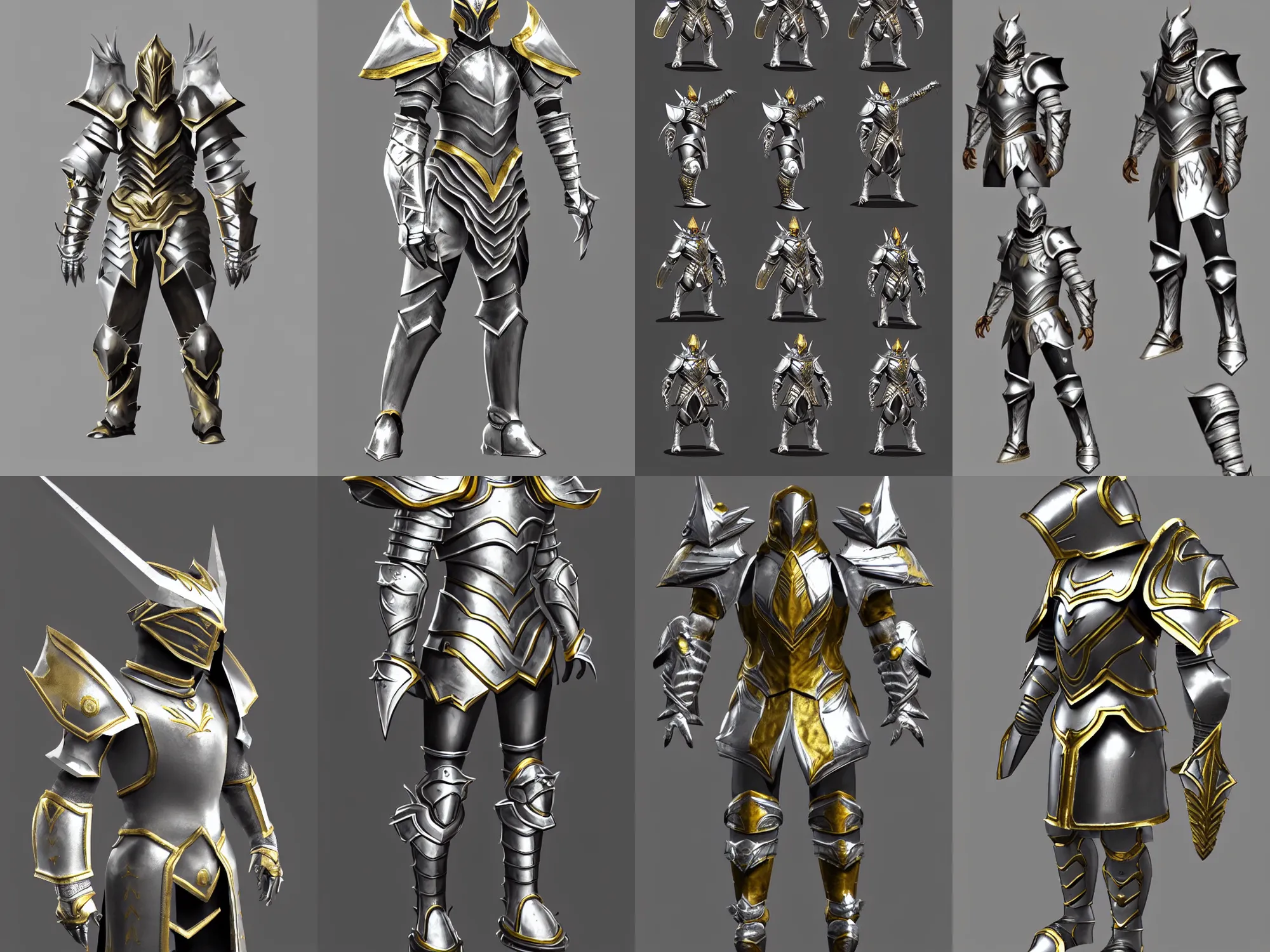 Prompt: fantasy armor, silver with gold trim, extremely clean, heavily exaggerated proportions, huge shoulder pauldrons, fantasy character portrait, orthographic front view, A-pose, full body