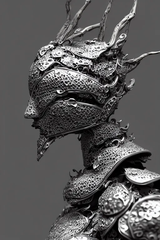 Image similar to monochrome close - up profile face, black background, beautiful young porcelain bio - mechanical vegetal - dragon - cyborg - female, white metallic armour, silver gold details, magnolia leaves and stems, roots, mandelbot fractal, 1 5 0 mm, beautiful natural soft rim light, elegant, hyper real, ultra detailed, octane render, 1 6 k