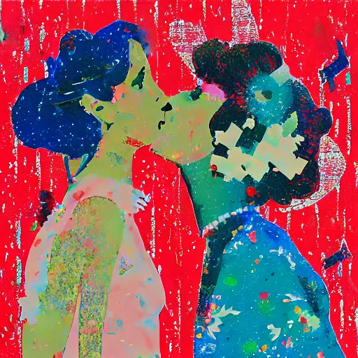 Image similar to two women kissing at a carnival, mixed media collage, retro, paper collage, magazine collage, acrylic paint splatters