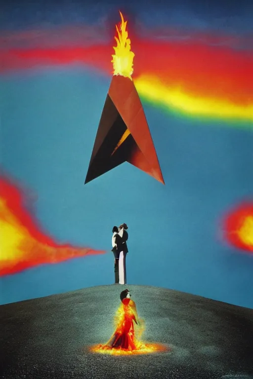 Prompt: a man on fire and a girl on ice, pink floyd album cover, 1 9 7 0's, by storm elvin thorgerson colorful flat surreal design, hd, 8 k, artstation