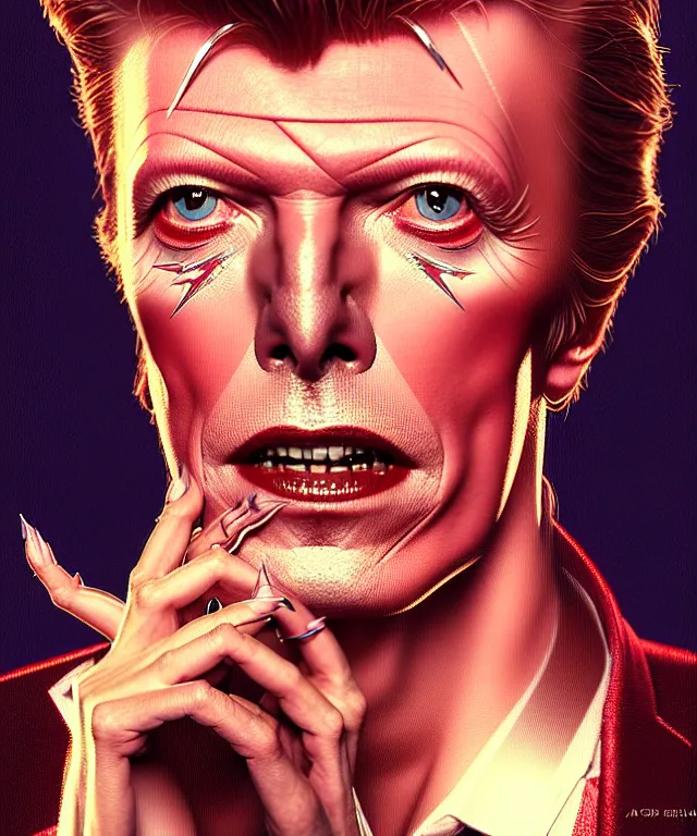 Prompt: portrait of david bowie performing on stage, posed, intricate, headshot, highly detailed, digital painting, artstation, concept art, sharp focus, cinematic lighting, illustration, art by artgerm and greg rutkowski, alphonse mucha, cgsociety