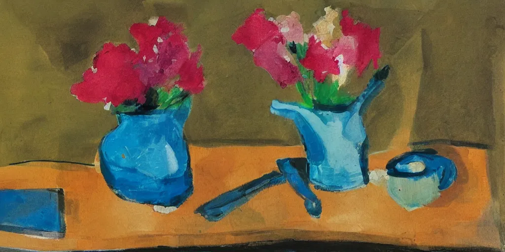 Image similar to flowers in jug, notebook, spoon on a table, still life on a table in the style of ivon hitchens and winifred nicholson. oil painting, beautiful, minimal