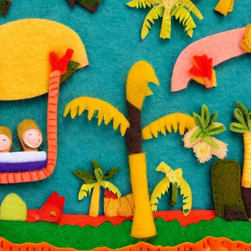 Prompt: detailed felt diorama of people sleeping in hammocks that look like bananas, jungle background with lots of palm trees